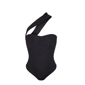 Black Ribbed Cross-Body Strapped Bodysuit